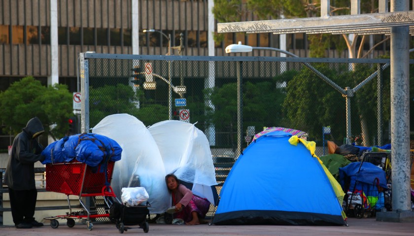 A homeless encampment is seen near the 101 Freeway in downtown Los Angeles in this undated photo. (Credit: Irfan Khan / Los Angeles Times)