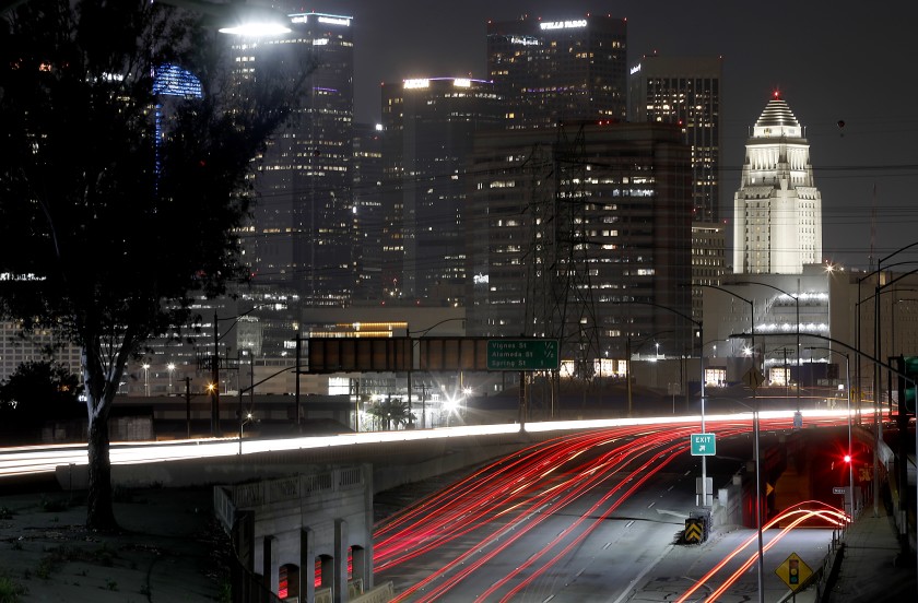 Traffic is light on the 101 and Interstate 10 Freeway interchange in downtown Los Angeles in this undated photo as much of California remains on coronavirus lockdown.(Luis Sinco / Los Angeles Times)