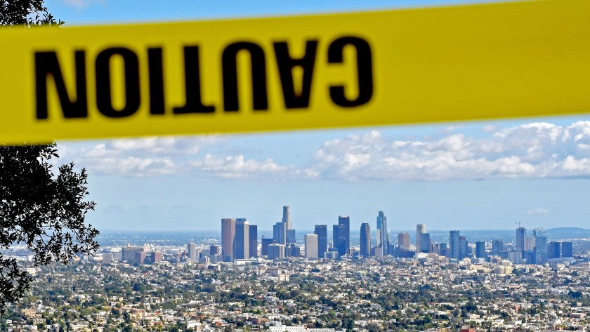 Downtown Los Angeles is seen from Griffith Observatory, which closed since late March, in this undated photo. (Christopher Reynolds/Los Angeles Times)