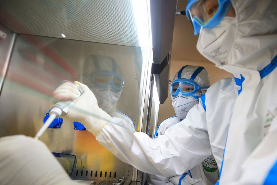 Laboratory technicians test samples of the coronavirus at a lab in Hengyang in China's central Henan province. (STR/AFP/Getty Images)