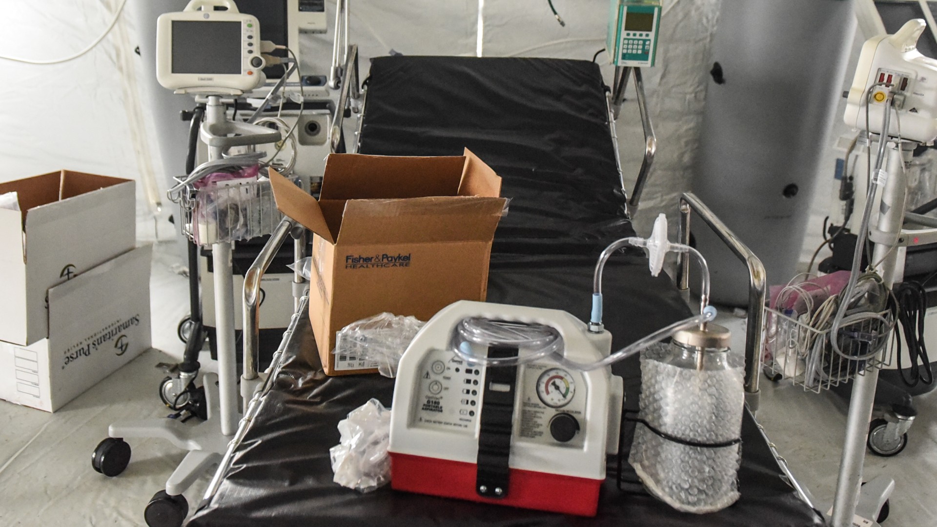 A ventilator and other hospital equipment is seen in an emergency field hospital to aid in the COVID-19 pandemic in Central Park on March 30, 2020 in New York City. (Stephanie Keith/Getty Images)