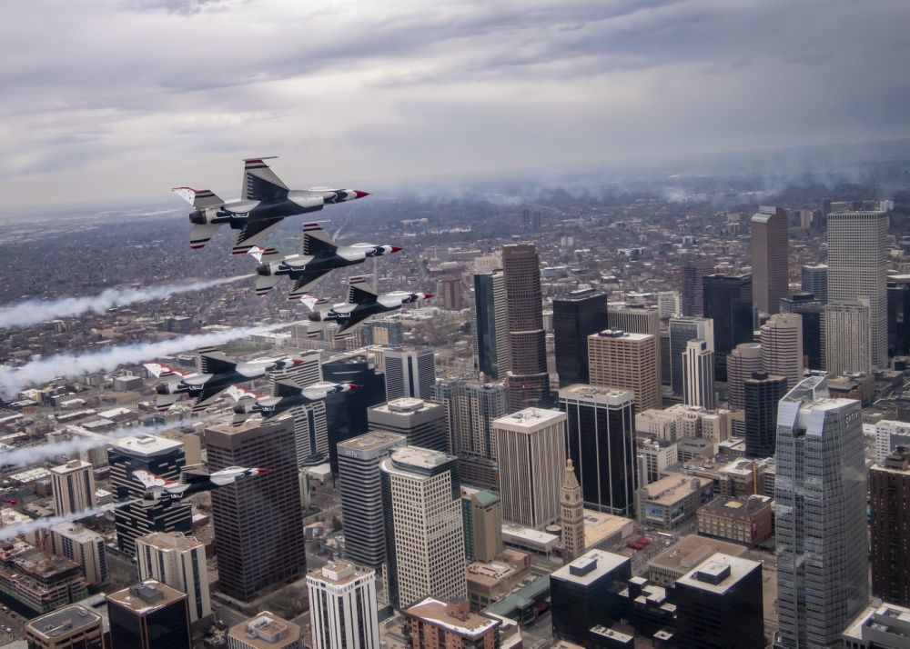 The U.S. Air Force Thunderbirds fly over Denver, Colorado, to honor essential workers during the coronavirus pandemic on April 18, 2020. (U.S. Air Force / Staff Sgt. Cory W. Bush)