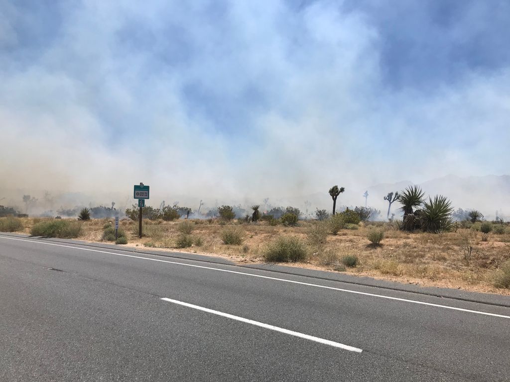 Smoke fills the air as firefighters arrive at the scene of a blaze outside Joshua Tree on May 11, 2020. (San Bernardino County Fire Department)