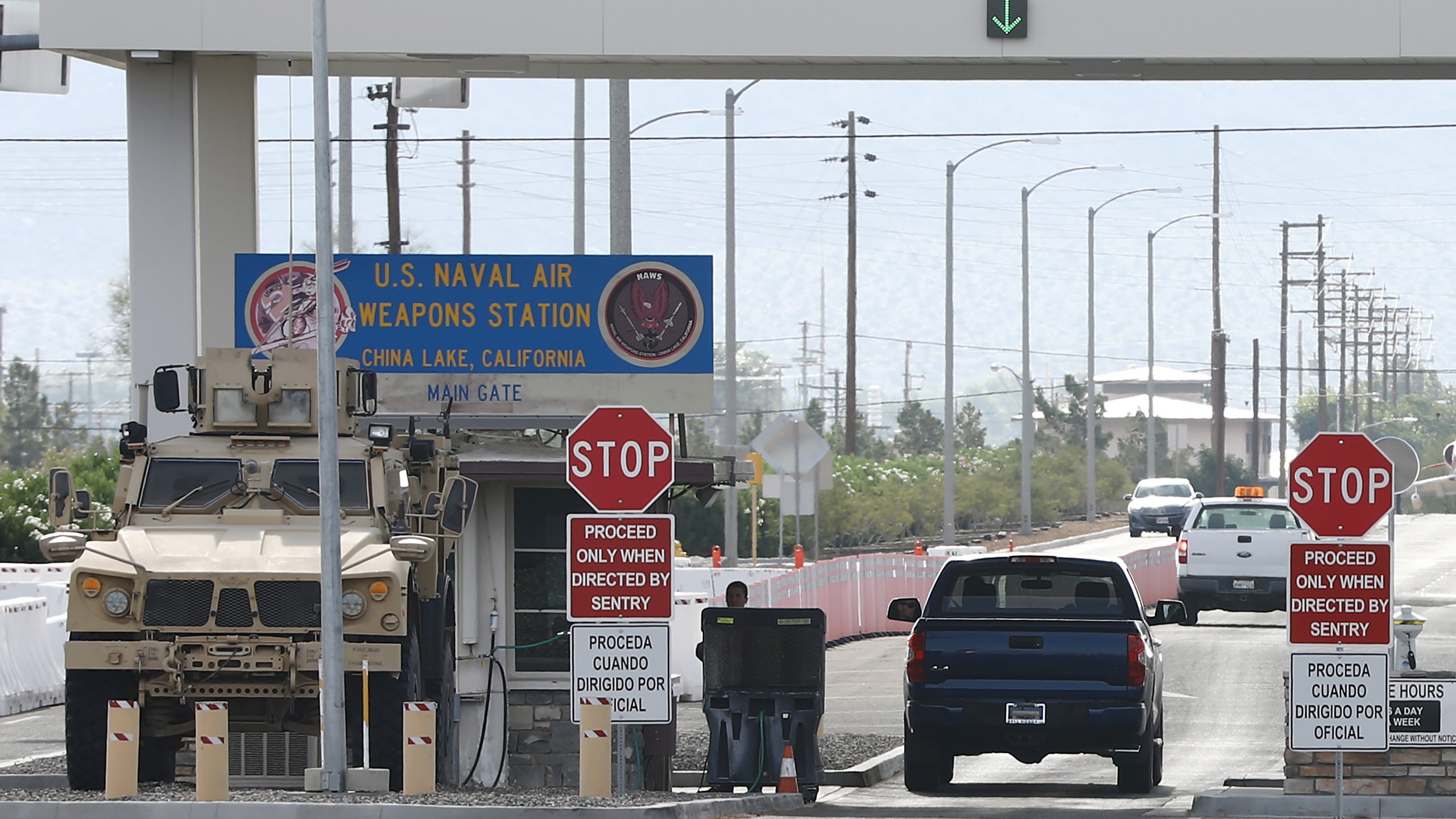 A vehicle enters the main gate to Naval Air Weapons Station China Lake on July 7, 2019. (Credit: Mario Tama / Getty Images)