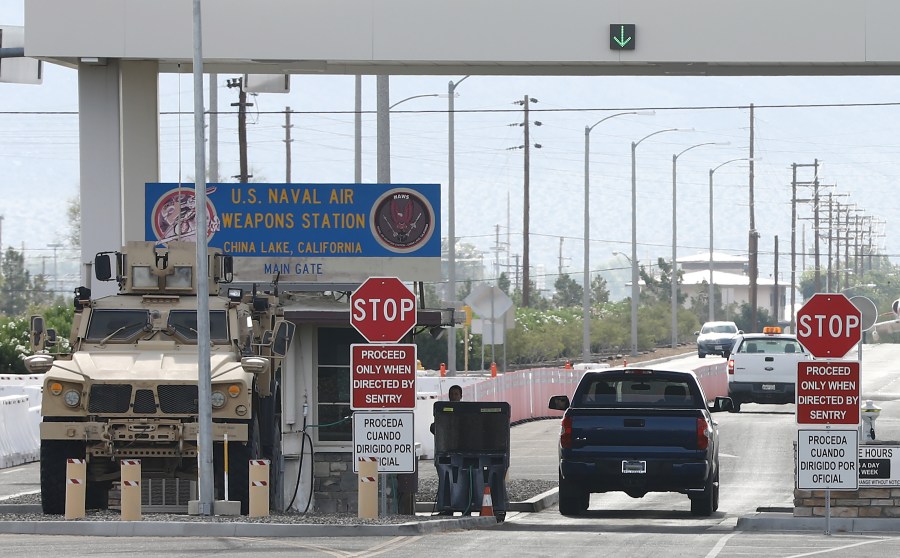 A vehicle enters the main gate to Naval Air Weapons Station China Lake on July 7, 2019. (Credit: Mario Tama / Getty Images)