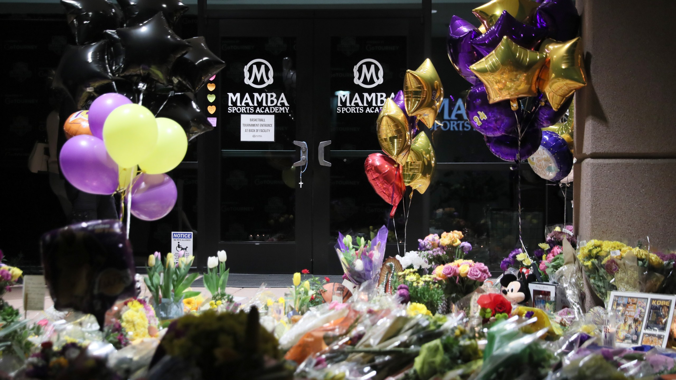 The entrance of Mamba Sports Academy in Newbury Park, Calif., is surrounded by flowers and other gifts in memory of NBA champion and two-time Olympic gold medalist Kobe Bryant, 41, his daughter, Gianna, and seven others, who died in a helicopter crash on Jan. 26, 2020. (Josh Lefkowitz/Getty Images)