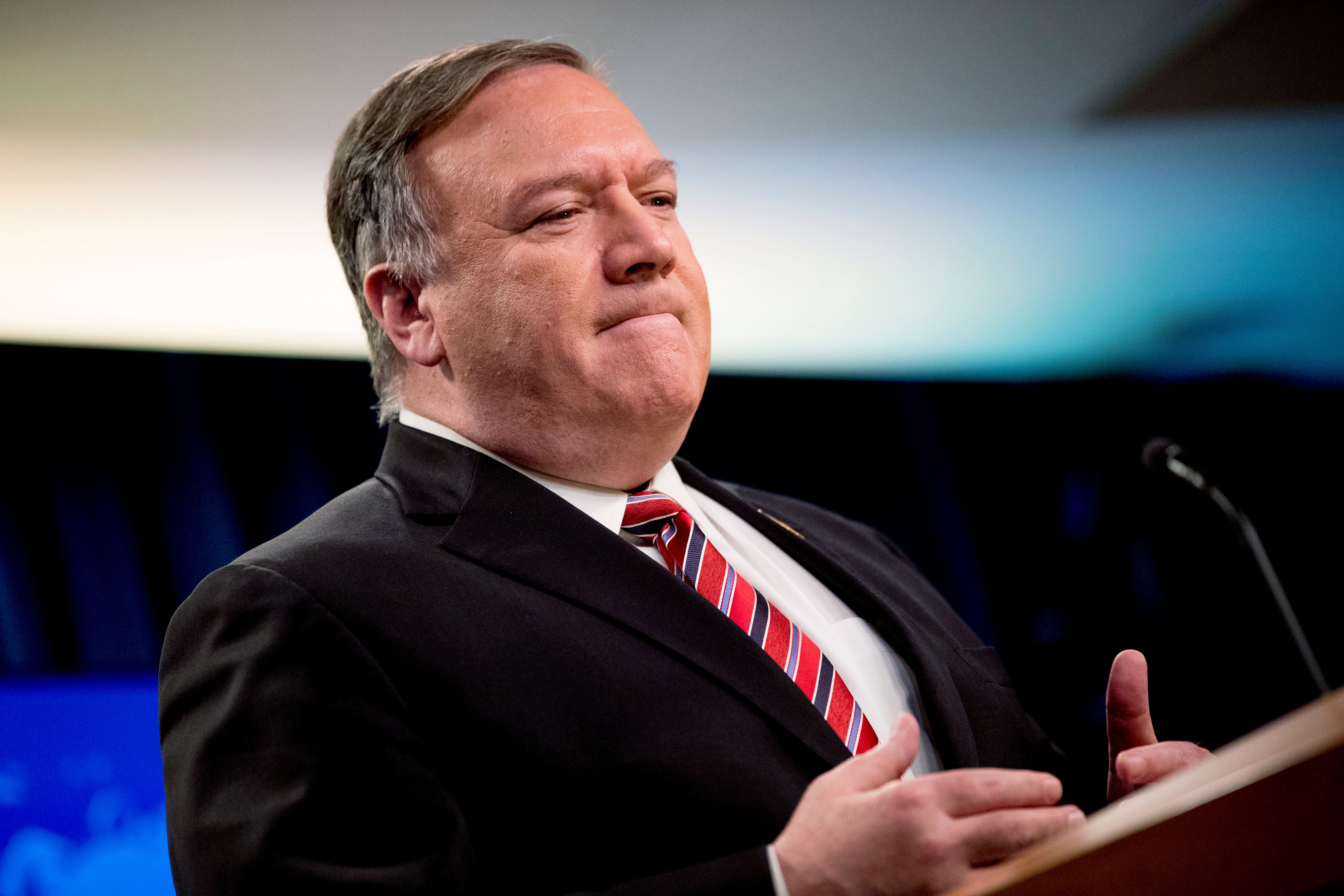 U.S. Secretary of State Mike Pompeo pauses while speaking at a news conference at the State Department on April 29, 2020. (ANDREW HARNIK/AFP via Getty Images)