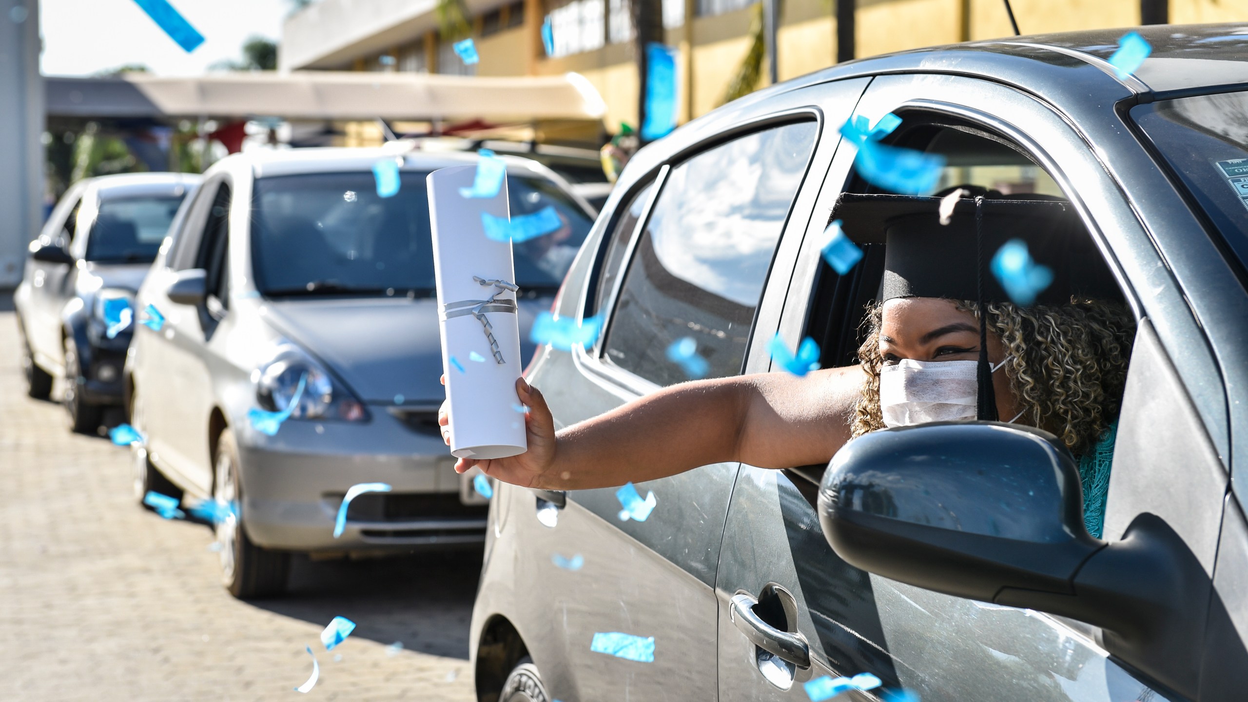 A drive-thru graduation ceremony held on April 30, 2020, in Vespasiano, Brazil. (Pedro Vilela/Getty Images)