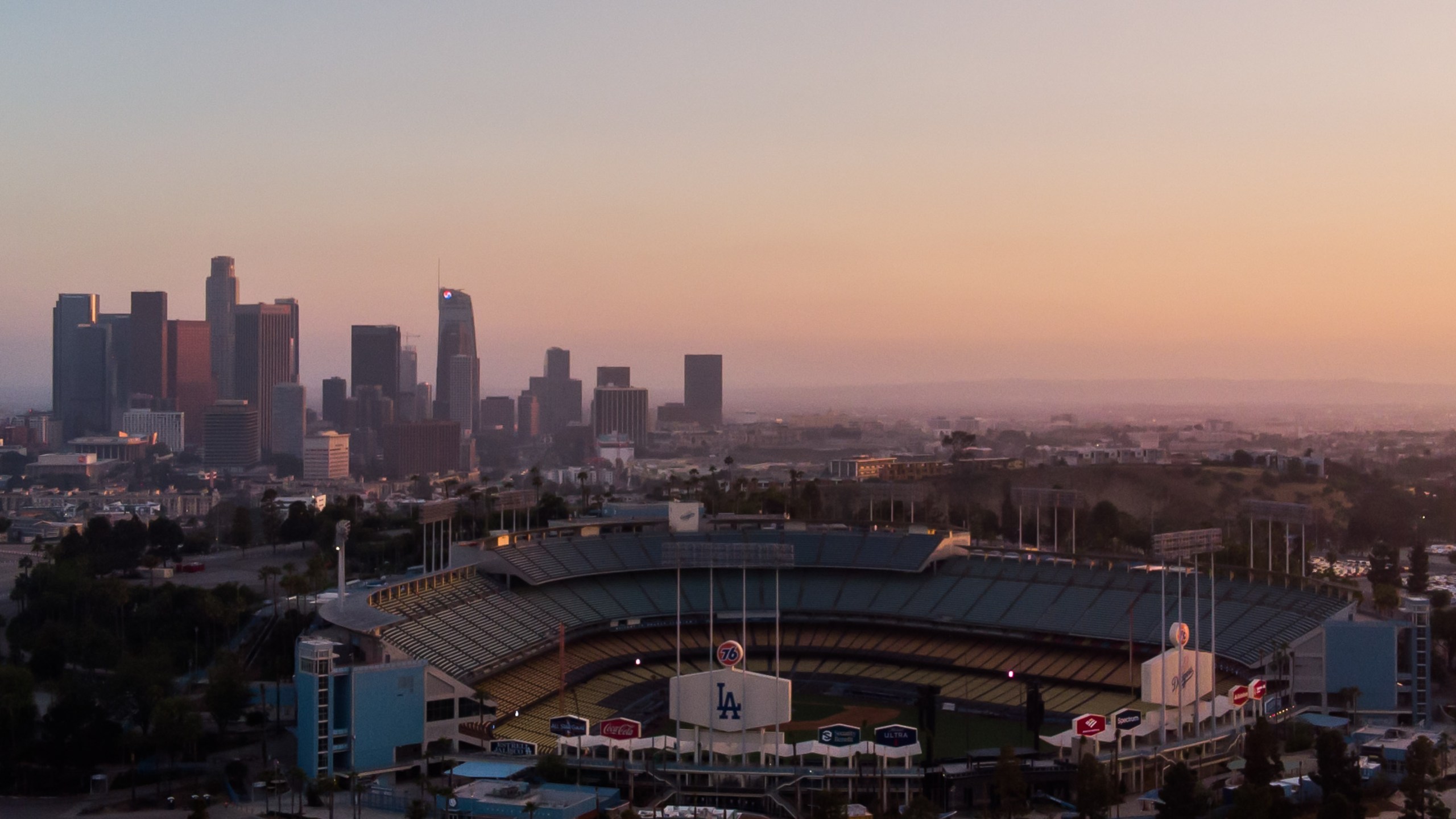 An aerial view shows the Dodger Stadium in Los Angeles, California on May 9, 2020. (APU GOMES/AFP via Getty Images)