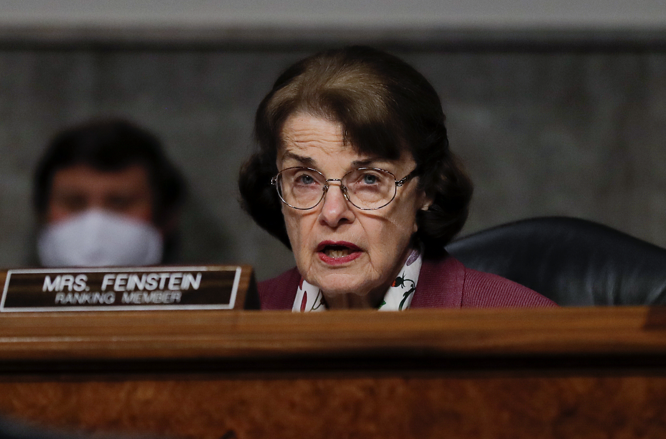 Sen. Dianne Feinstein participates in a Senate Judiciary Committee hearing examining liability during the coronavirus on May 12, 2020. (Carlos Barria / AFP / Getty Images)