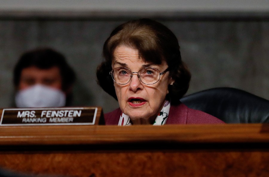 Sen. Dianne Feinstein participates in a Senate Judiciary Committee hearing examining liability during the coronavirus on May 12, 2020. (Carlos Barria / AFP / Getty Images)