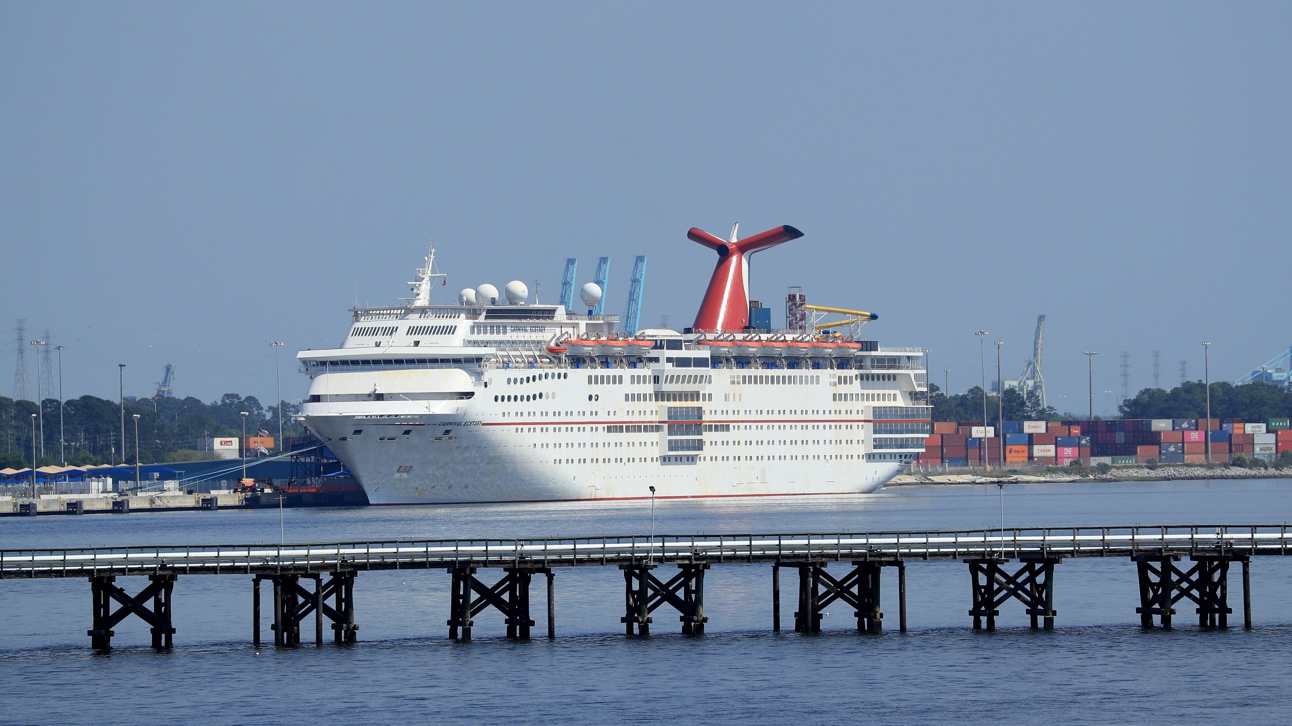 Carnival Cruise Line's Carnival Ecstasy cruise ship is docked at the Port of Jacksonville amid the coronavirus outbreak on March 27, 2020 in Florida. (Sam Greenwood/Getty Images)