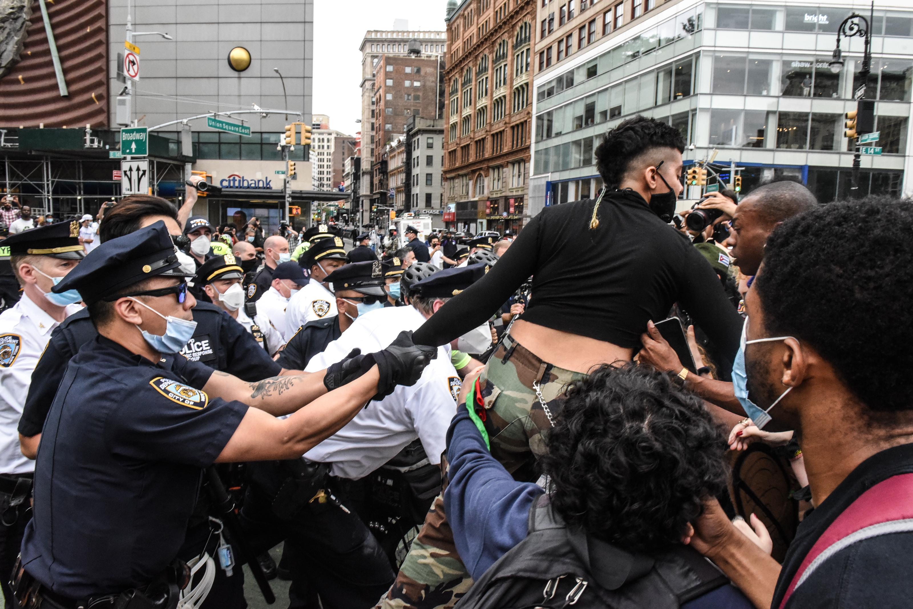 A protester is detained by New York City police during a rally against the death of George Floyd at the hands of police on May 28, 2020. (Stephanie Keith / Getty Images)