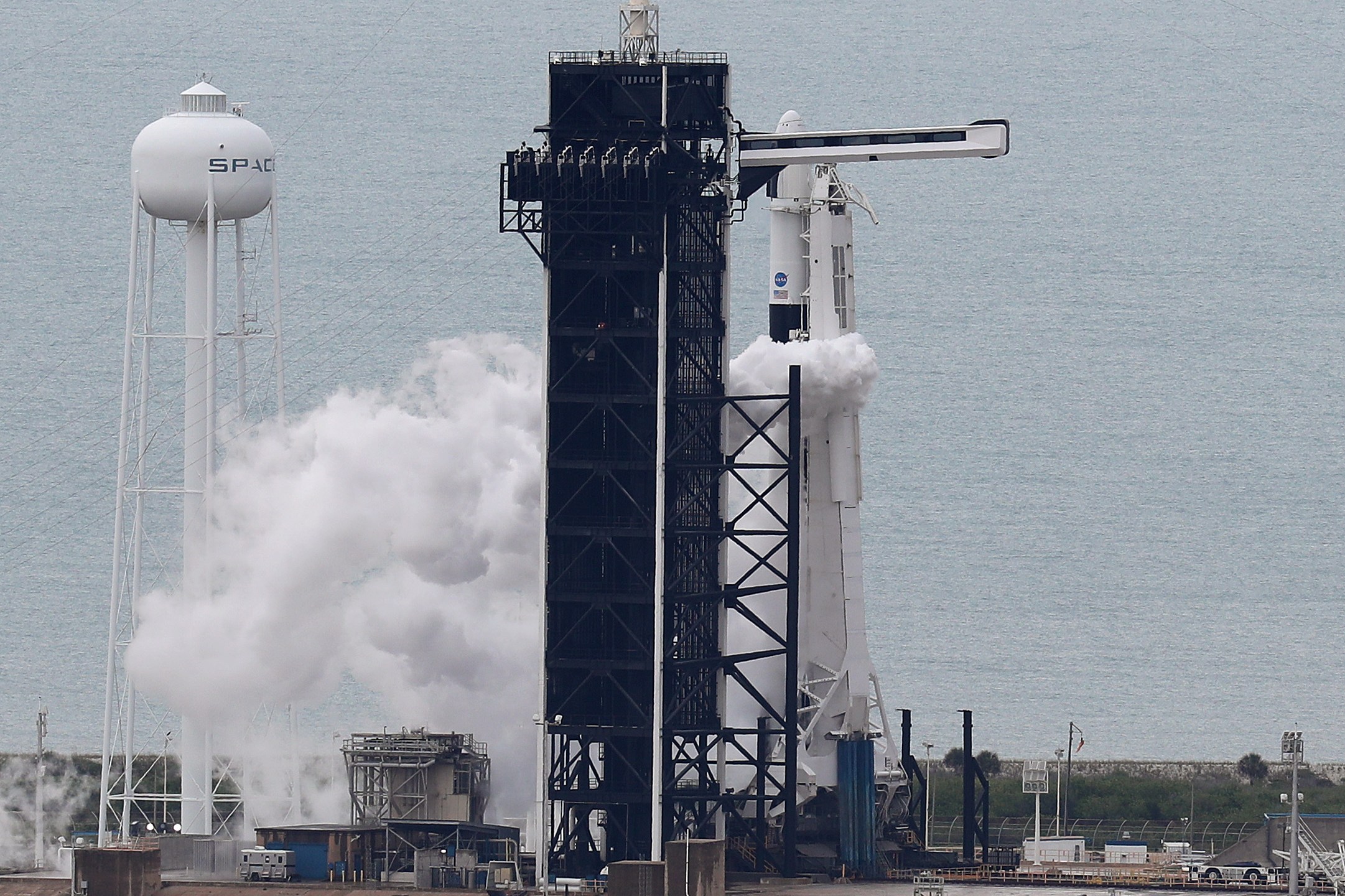 Moments before launching NASA scrubbed today's launch of the SpaceX Falcon 9 rocket with the manned Crew Dragon spacecraft on launch pad 39A at the Kennedy Space Center on May 27, 2020 in Cape Canaveral, Florida. NASA will try again on Saturday for the inaugural flight that will be the first manned mission since the end of the Space Shuttle program in 2011 to be launched into space from the United States. (Joe Raedle/Getty Images)