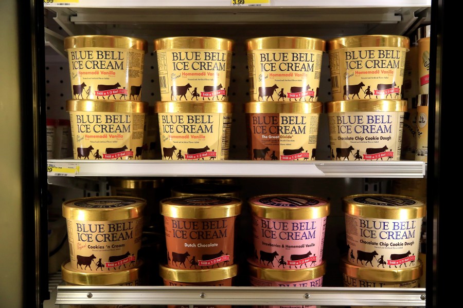 Blue Bell Ice Cream is seen on shelves of an Overland Park grocery store prior to being removed on April 21, 2015 in Overland Park, Kansas. Blue Bell Creameries recalled all products following a Listeria contamination. (Jamie Squire/Getty Images)