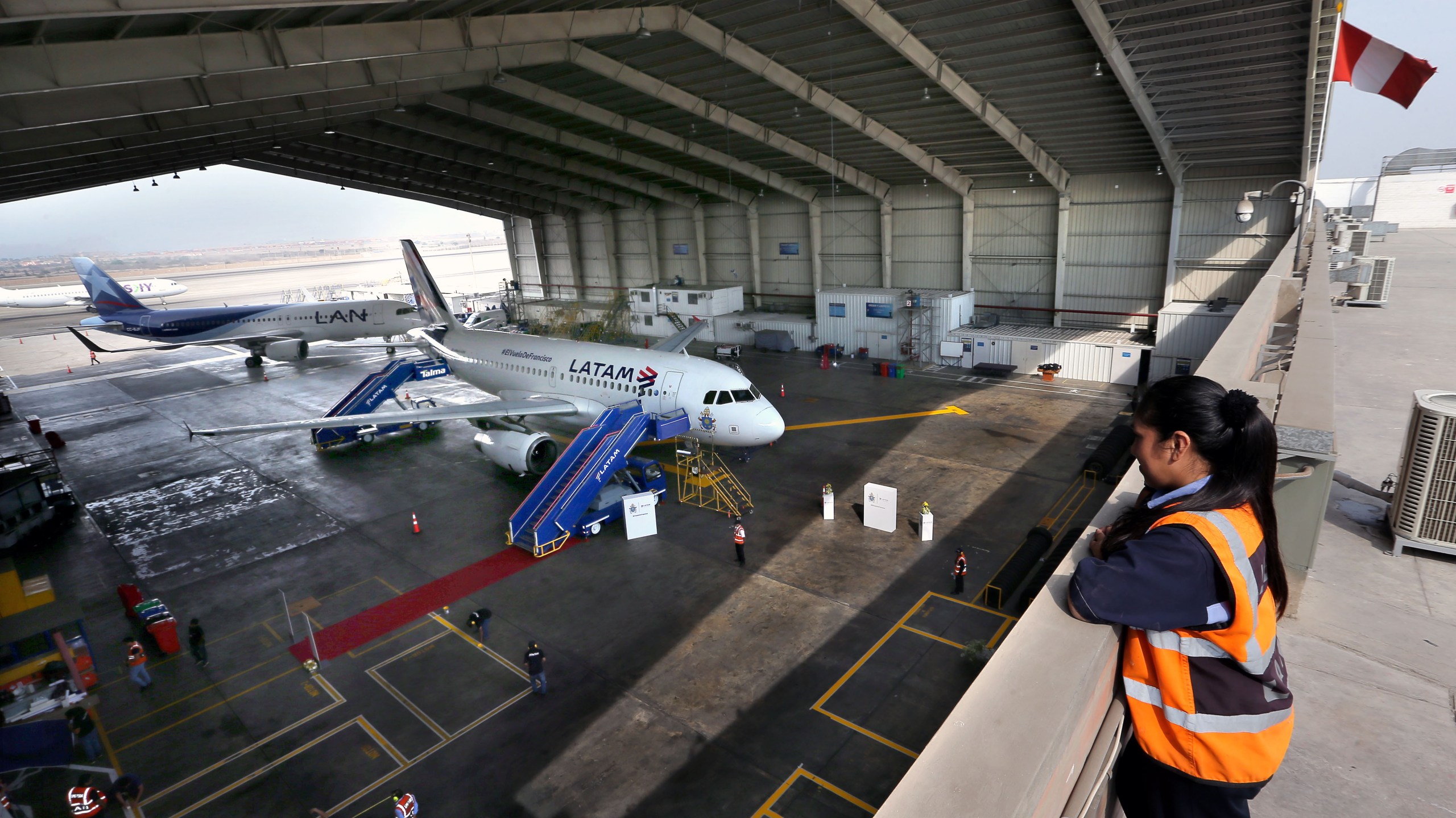 The Airbus A319 operated by LATAM Airlines is pictured at a hangar before its official presentation in Callao, Peru on January 16, 2018. (LUKA GONZALES/AFP via Getty Images)