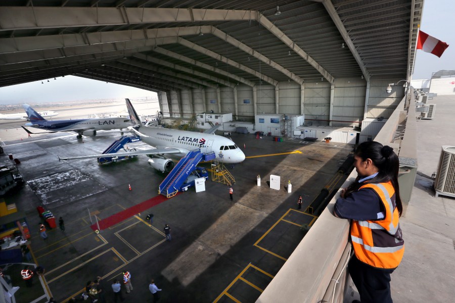 The Airbus A319 operated by LATAM Airlines is pictured at a hangar before its official presentation in Callao, Peru on January 16, 2018. (LUKA GONZALES/AFP via Getty Images)