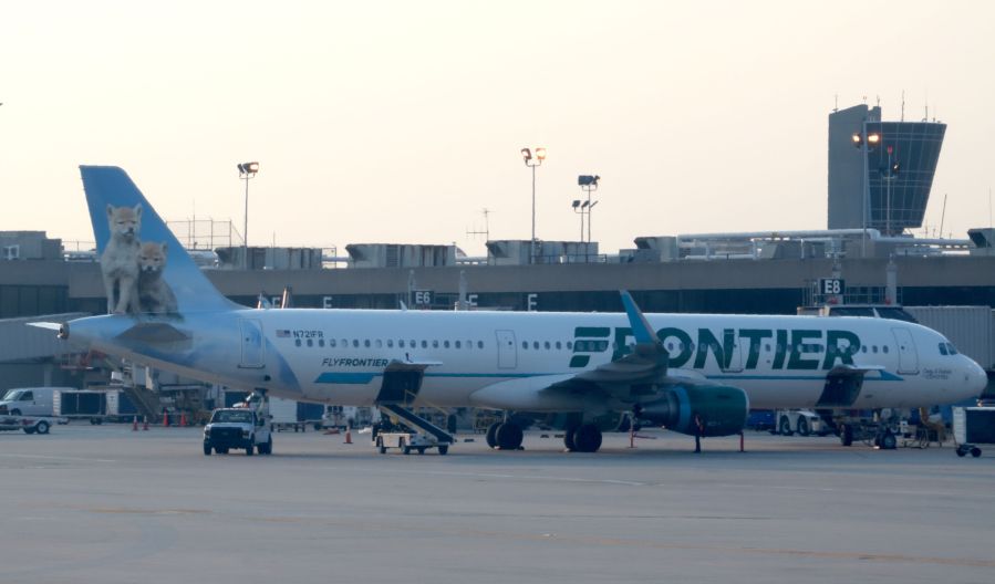 A Frontier Airlines jet at Philadelphia International Airport on June 1, 2018, in Philadelphia, Pennsylvania. (DANIEL SLIM/AFP via Getty Images)