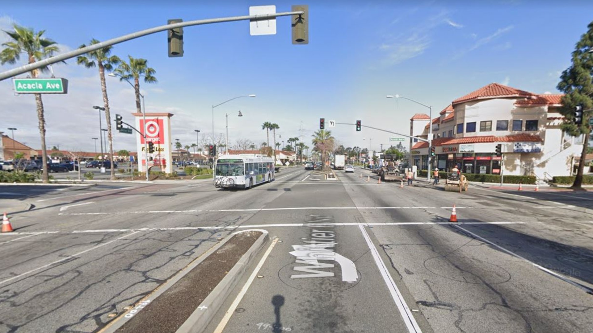 The intersection of Whittier Boulevard and Acacia Avenue in Pico Rivera, as viewed in a Google Street View image.