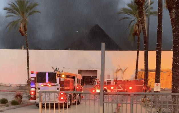 The Redlands Fire Department released this photo showing dark smoke rising from the Splash Kingdom water park in Redlands on May 2, 2020.