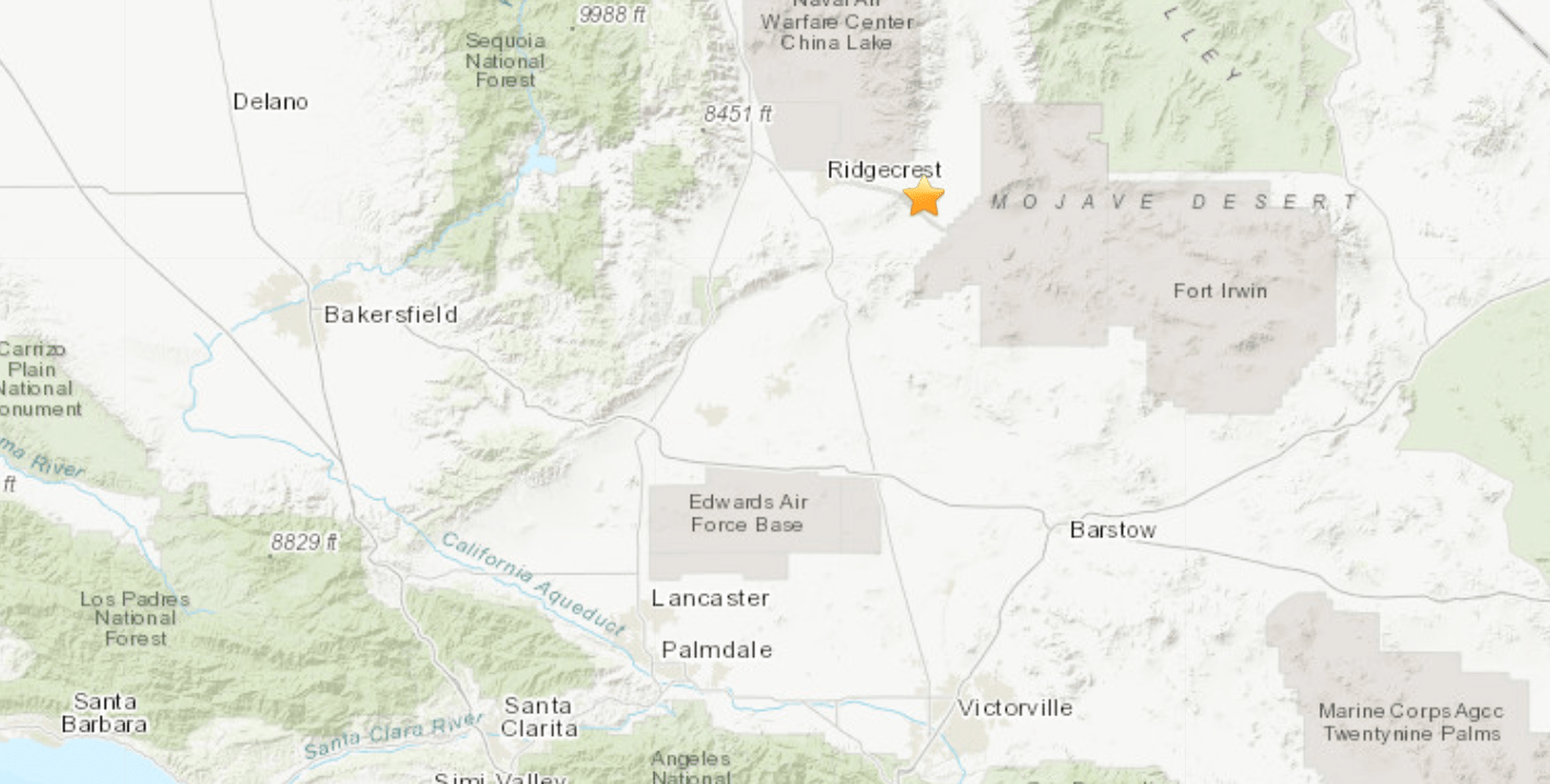 The location of a magnitude 3.3 earthquake that struck near Ridgecrest on May 14, 2020. (USGS)