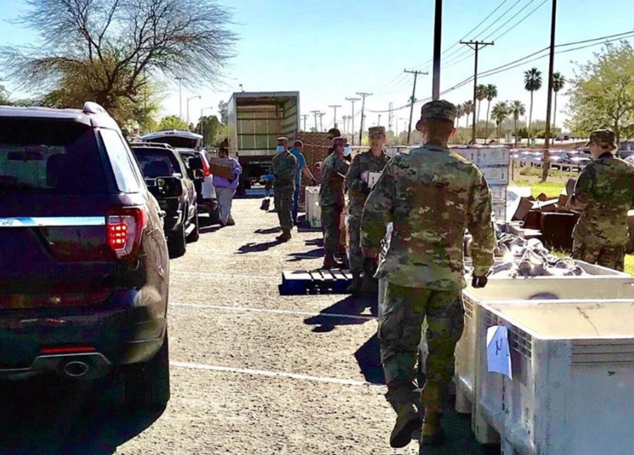 Members of the National Guard assist with food distribution in Imperial County on April 3, 2020. (County of Imperial/ Facebook)