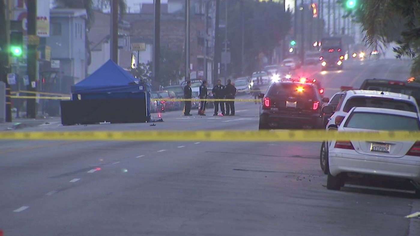 Police investigate a fatal hit-and-run crash in South Los Angeles on May 1, 2020. (KTLA)