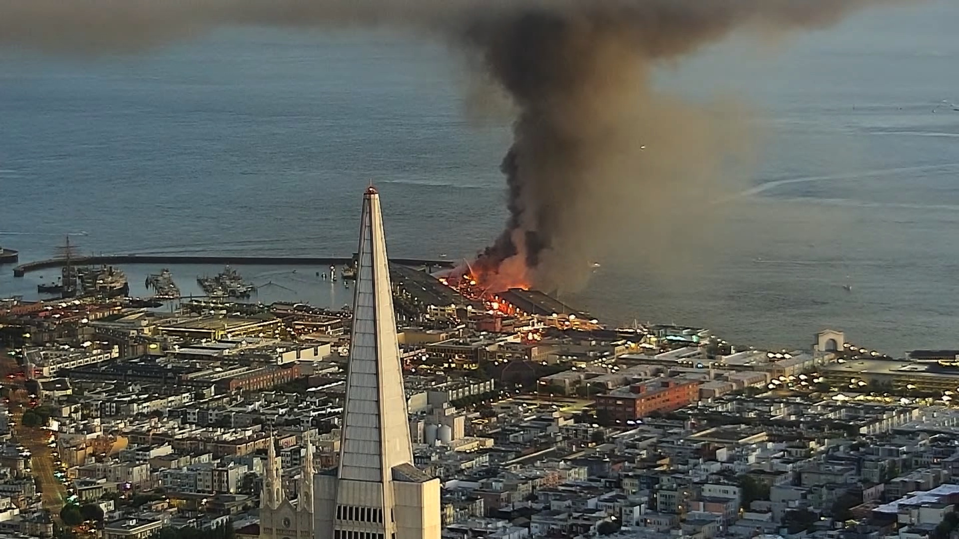 San Francisco firefighters battled a a warehouse fire at Pier 45 on May 23, 2020. (KPIX via CNN)