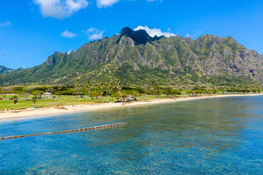 An aerial view shows the beach and park at Kualoa in Honolulu, Hawaii. (Shutterstock via CNN)