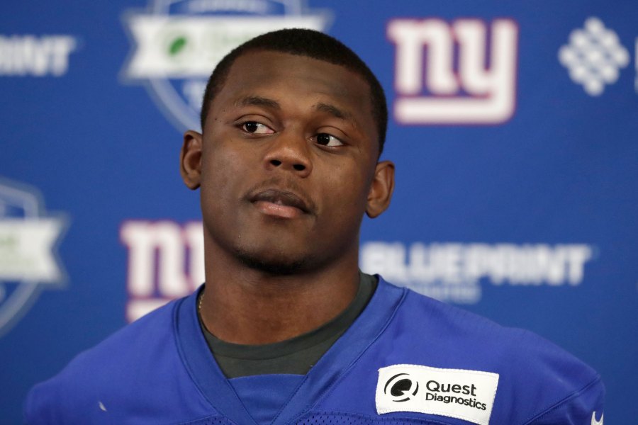 Deandre Baker, the New York Giants overall draft pick, talks to reporters during NFL football rookie camp in May 2019 in East Rutherford, New Jersey. (Julio Cortez/AP via CNN Wire)