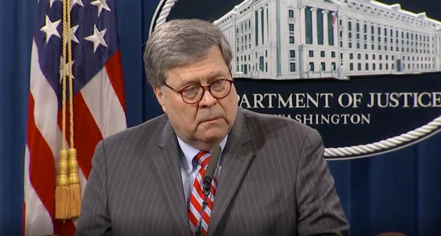 U.S. Attorney General William Barr is speaks at a news conference on May 18, 2020. (Pool)