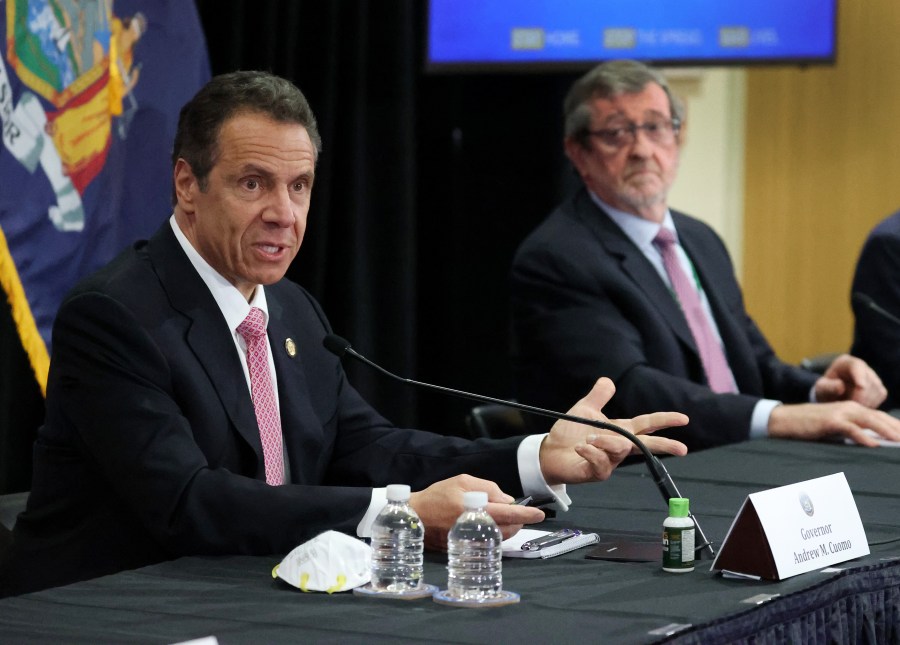 New York Gov. Andrew Cuomo speaks while President and CEO of Northwell Health Michael Dowling looks on during a Coronavirus Briefing At Northwell Feinstein Institute For Medical Research on May 06, 2020 in Manhasset, New York. (Al Bello/Getty Images)