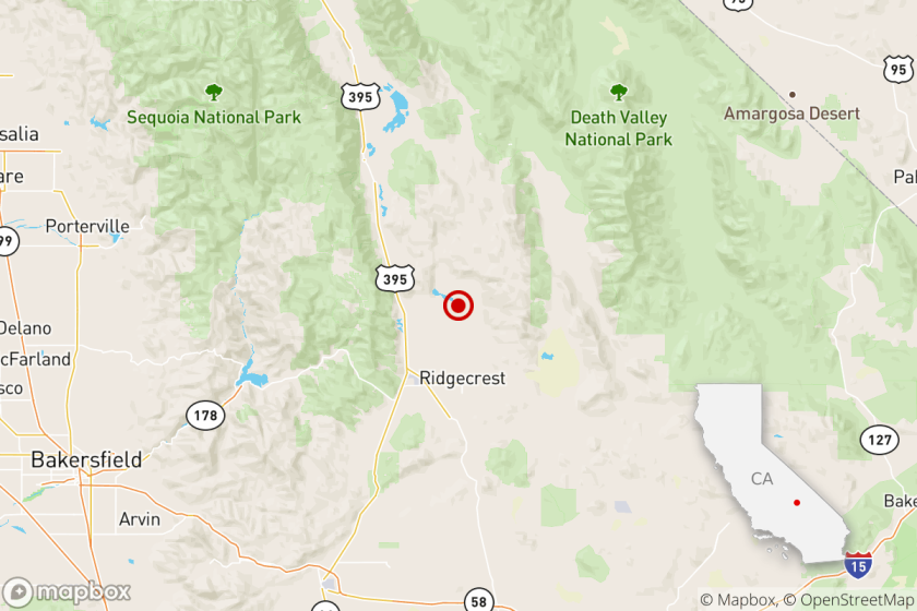 A map from the Los Angeles Times shows where a magnitude 3.1 earthquake hit at 6:49 a.m. on May 17, 2020 near Ridgecrest.