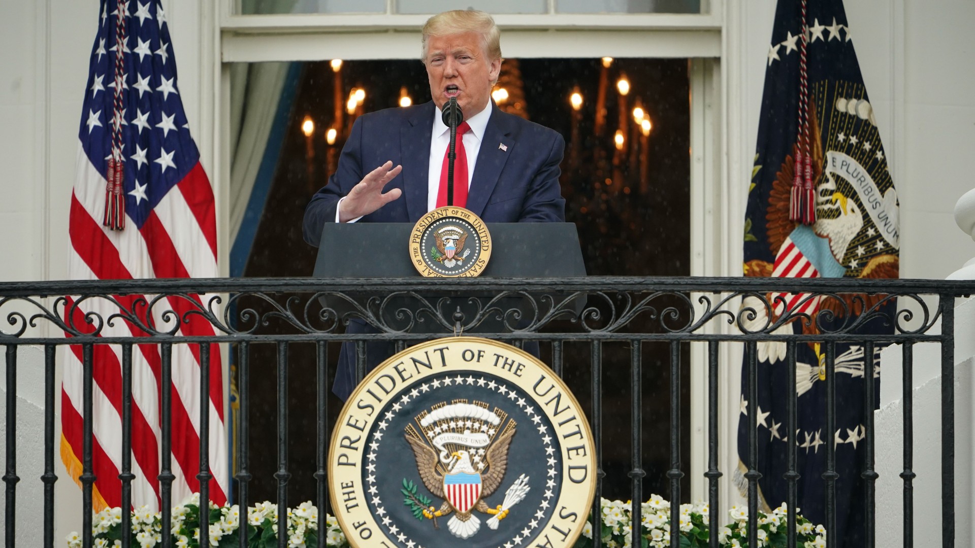 US President Donald Trump speaks during the "Rolling to Remember Ceremony: Honoring Our Nations Veterans and POW/MIA" on May 22, 2020, from the Truman Balcony at the White House in Washington, DC. (MANDEL NGAN/AFP via Getty Images)