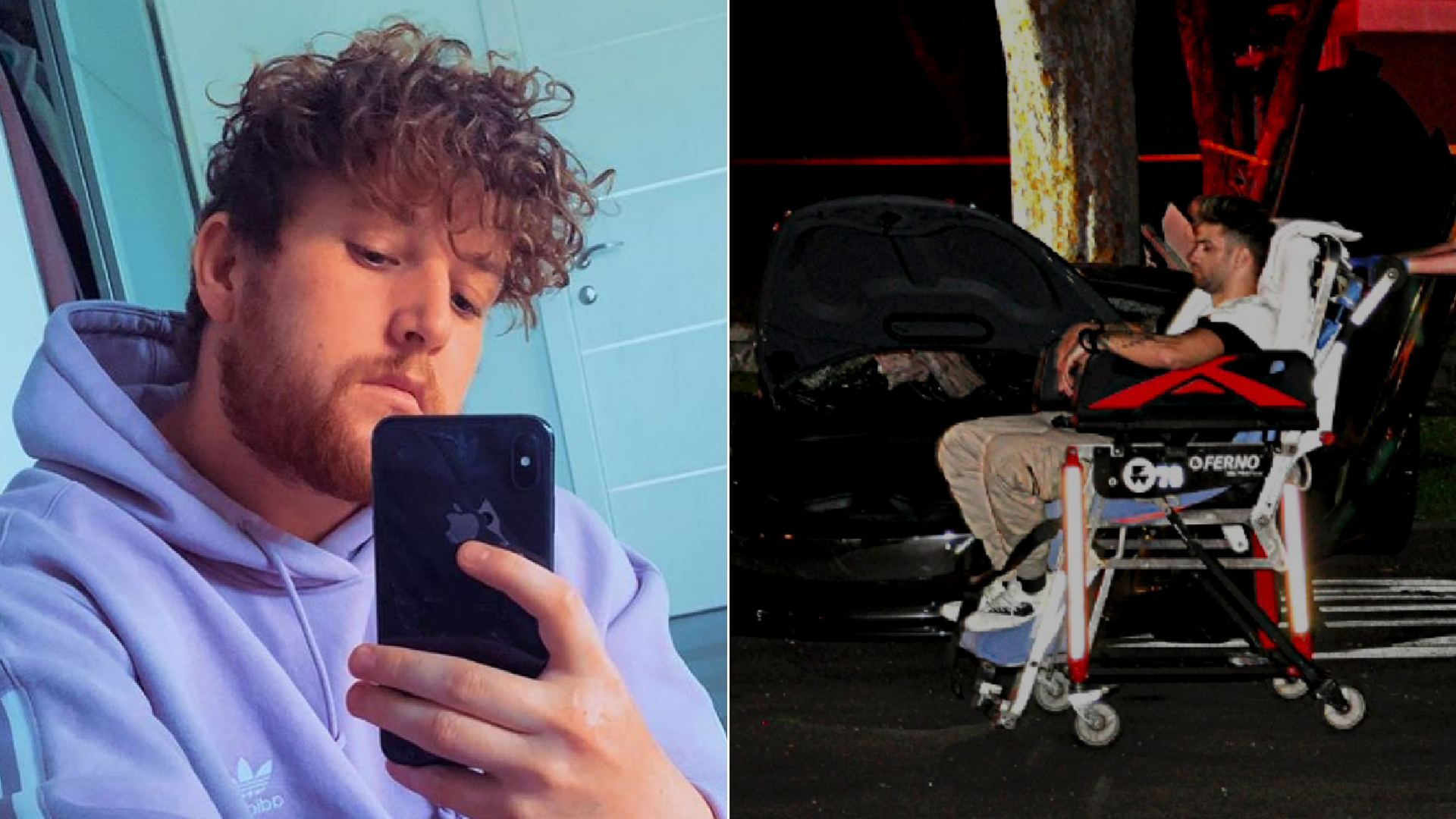 Corey La Barrie, left, is seen in an undated photo shared by his mom and brother on Instagram. At right, Daniel Silva is transported from the scene of a suspected DUI crash in Valley Village on May 10, 2020. (OnScene.TV)