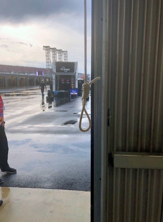 This photo provided by NASCAR shows the noose found in the garage stall of Black driver Bubba Wallace at Talladega Superspeedway in Talladega, Ala., on Sunday, June 21, 2020. The discovery prompted a federal investigation that determined the rope had been there since at least last October. (NASCAR via AP)