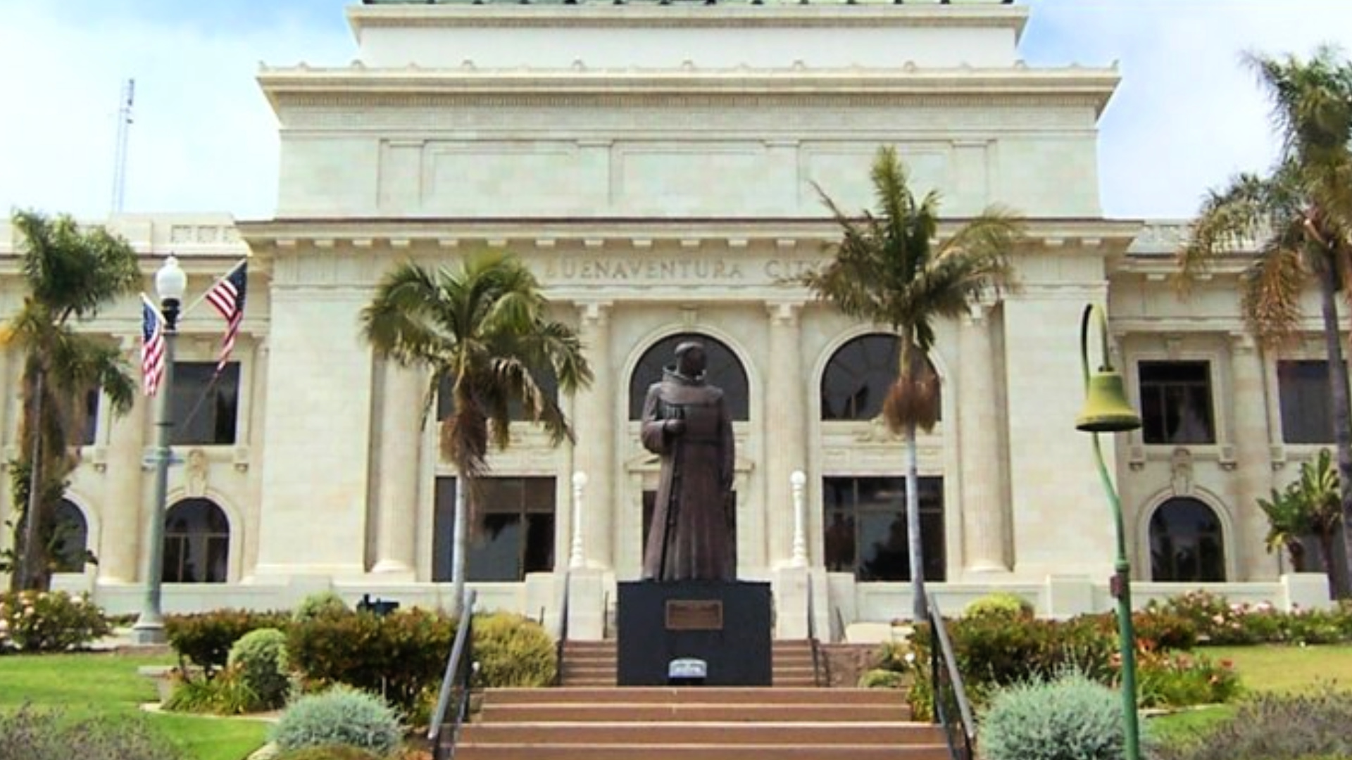 The statue of Junipero Serra is seen in front of Ventura City Hall in this undated photo shared by the city. Junipero Serra’s mission system in California was responsible for the destruction of several tribes, often through the introduction of foreign diseases. Tribes that did survive, such as the Chumash, still suffered greatly and were often forced into building the missions.