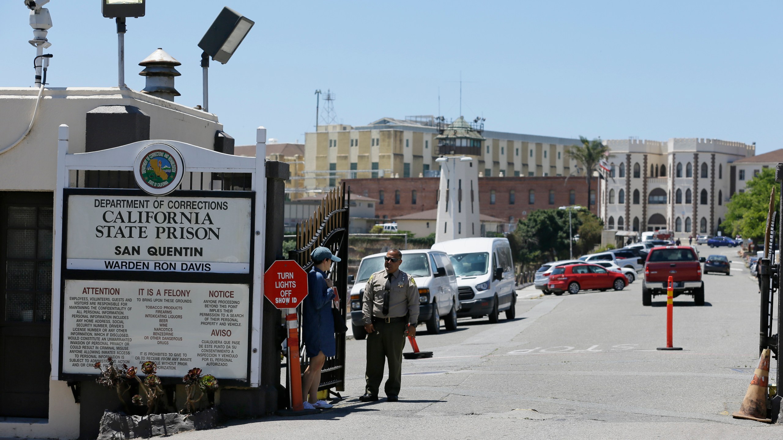 In this photo taken Wednesday, July 24, 2019, is the main entryway leading into San Quentin State Prison in San Quentin, Calif. (AP Photo/Eric Risberg)