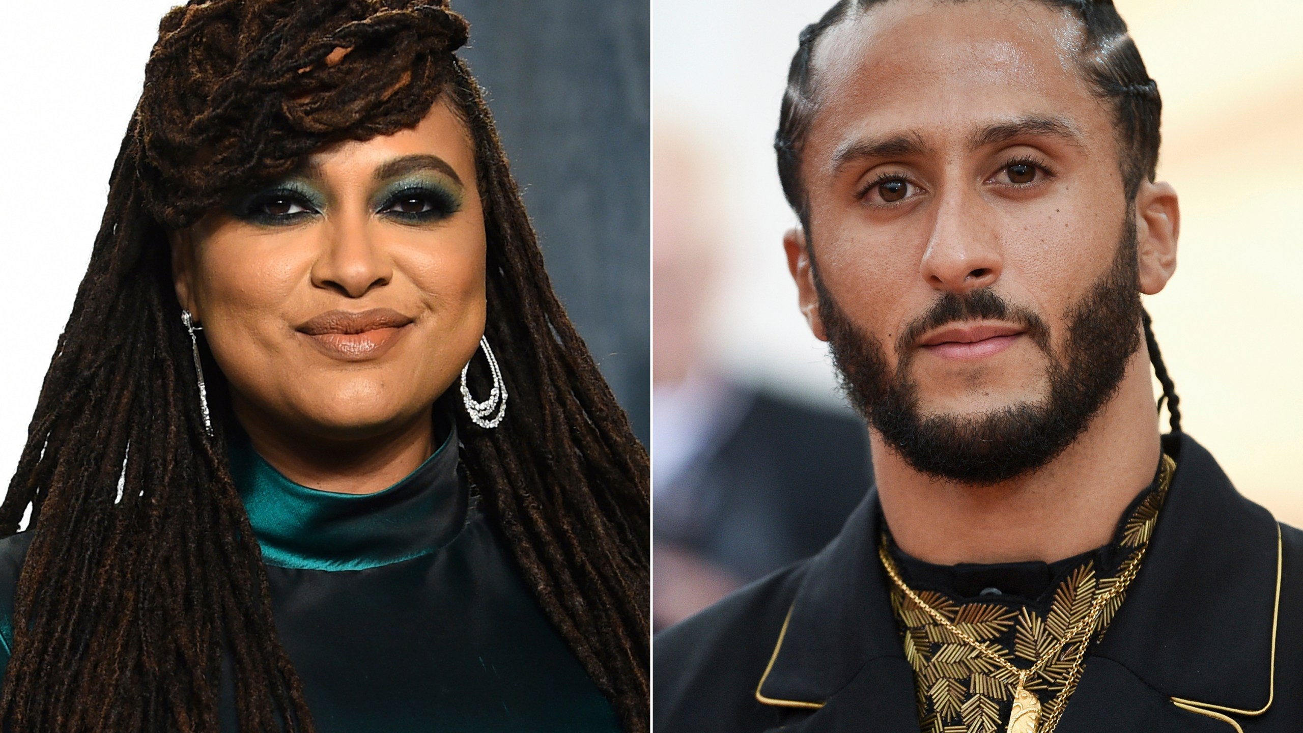 In this combination photo, filmmaker Ava DuVernay appears at the Vanity Fair Oscar Party in Beverly Hills on Feb. 9, 2020, left, and Colin Kaepernick attends The Metropolitan Museum of Art's Costume Institute benefit gala in New York on May 6, 2019. (AP Photo)