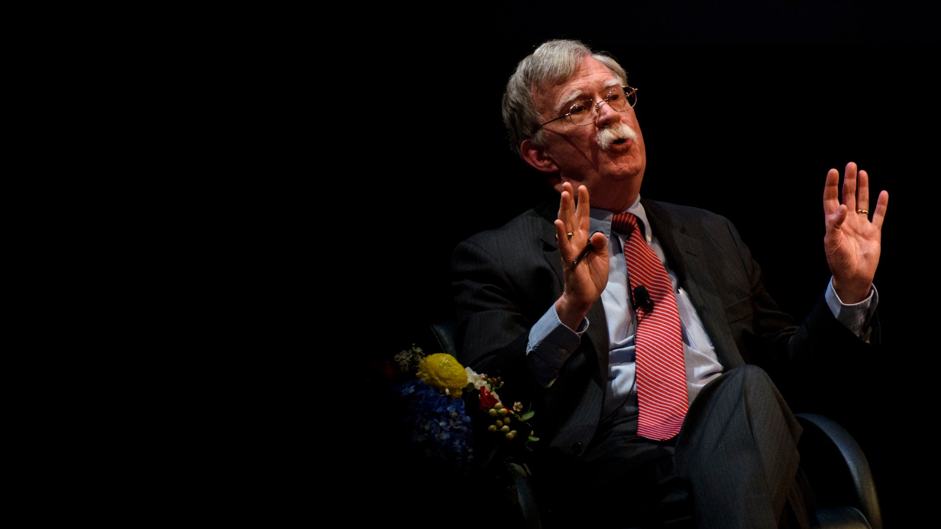 Former National Security Advisor John Bolton discusses the "current threats to national security" during a forum moderated by Peter Feaver, the director of Duke's American Grand Strategy, at the Page Auditorium on the campus of Duke University on February 17, 2020 in Durham, North Carolina. (Melissa Sue Gerrits/Getty Images)