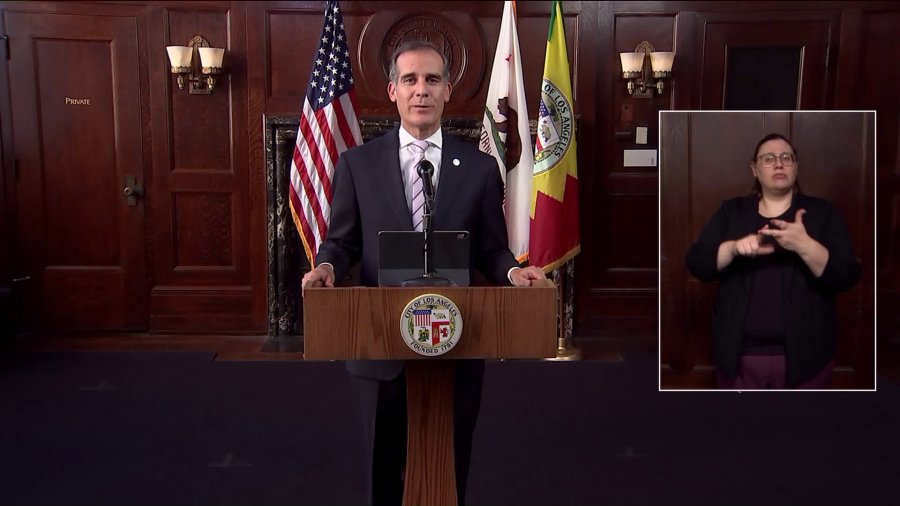 Los Angeles Mayor Eric Garcetti discusses the city's response to the COVID-19 pandemic on June 12, 2020. (KTLA)