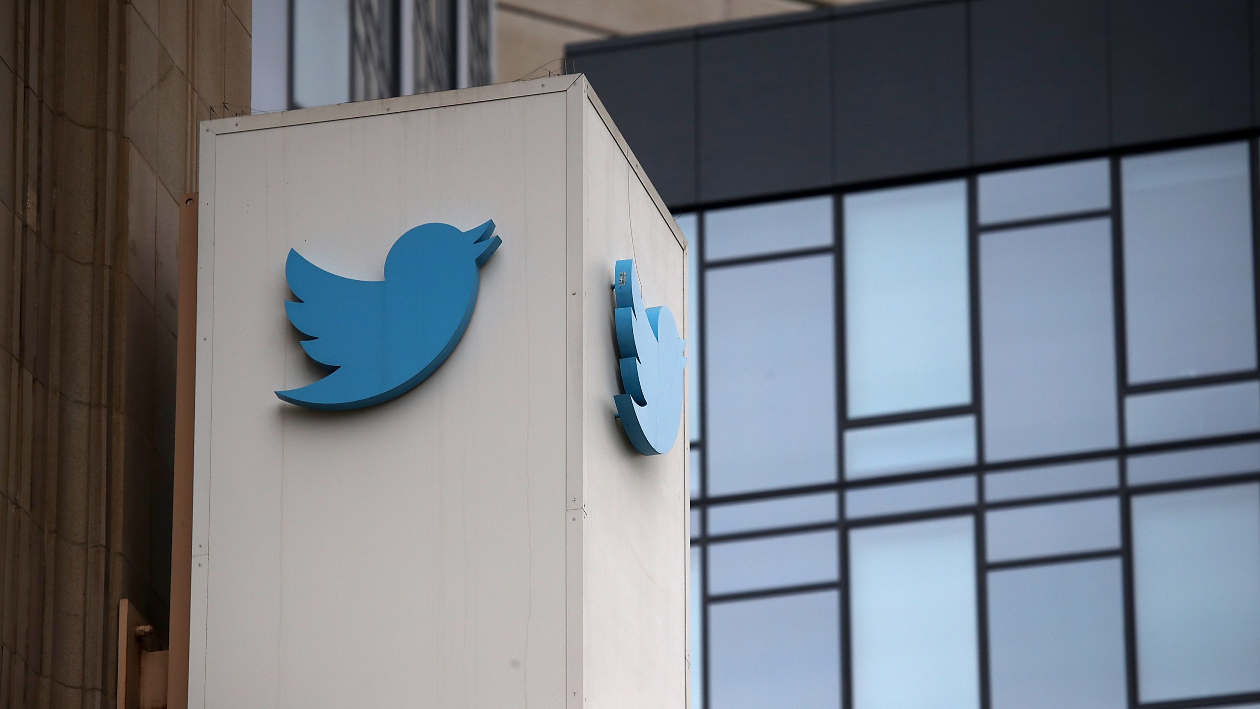 A sign is posted on the exterior of Twitter headquarters on July 26, 2018, in San Francisco. (Justin Sullivan/Getty Images