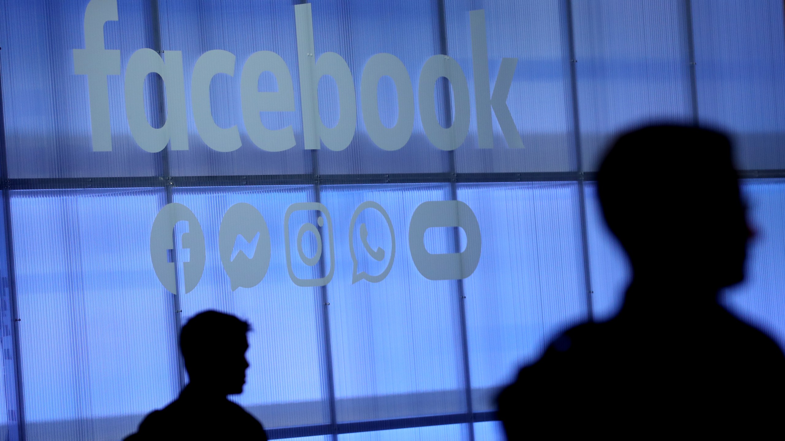 The Facebook logo is displayed during the F8 Facebook Developers conference on April 30, 2019, in San Jose. (Justin Sullivan/Getty Images)