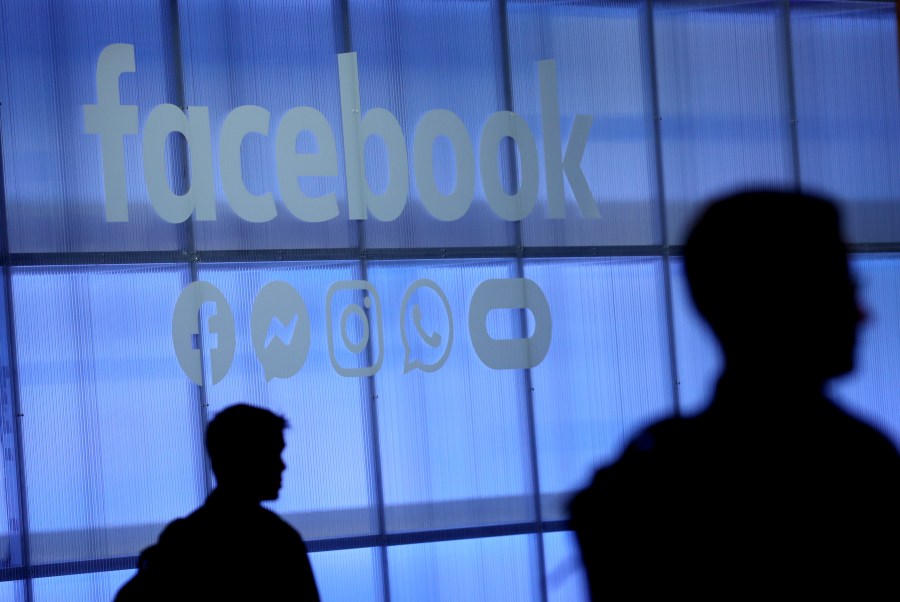 The Facebook logo is displayed during the F8 Facebook Developers conference on April 30, 2019, in San Jose. (Justin Sullivan/Getty Images)