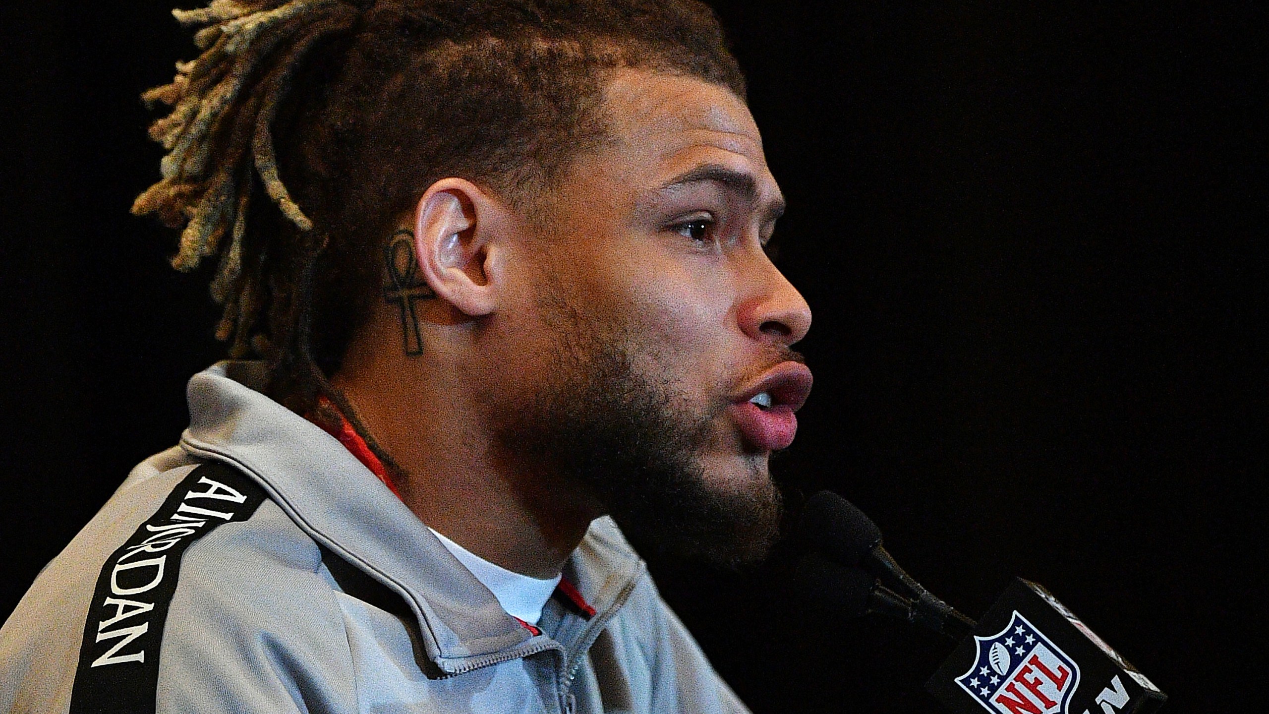 Tyrann Mathieu #32 of the Kansas City Chiefs speaks to the media during the Kansas City Chiefs media availability prior to Super Bowl LIV at the JW Marriott Turnberry on January 30, 2020 in Aventura, Florida. (Mark Brown/Getty Images)