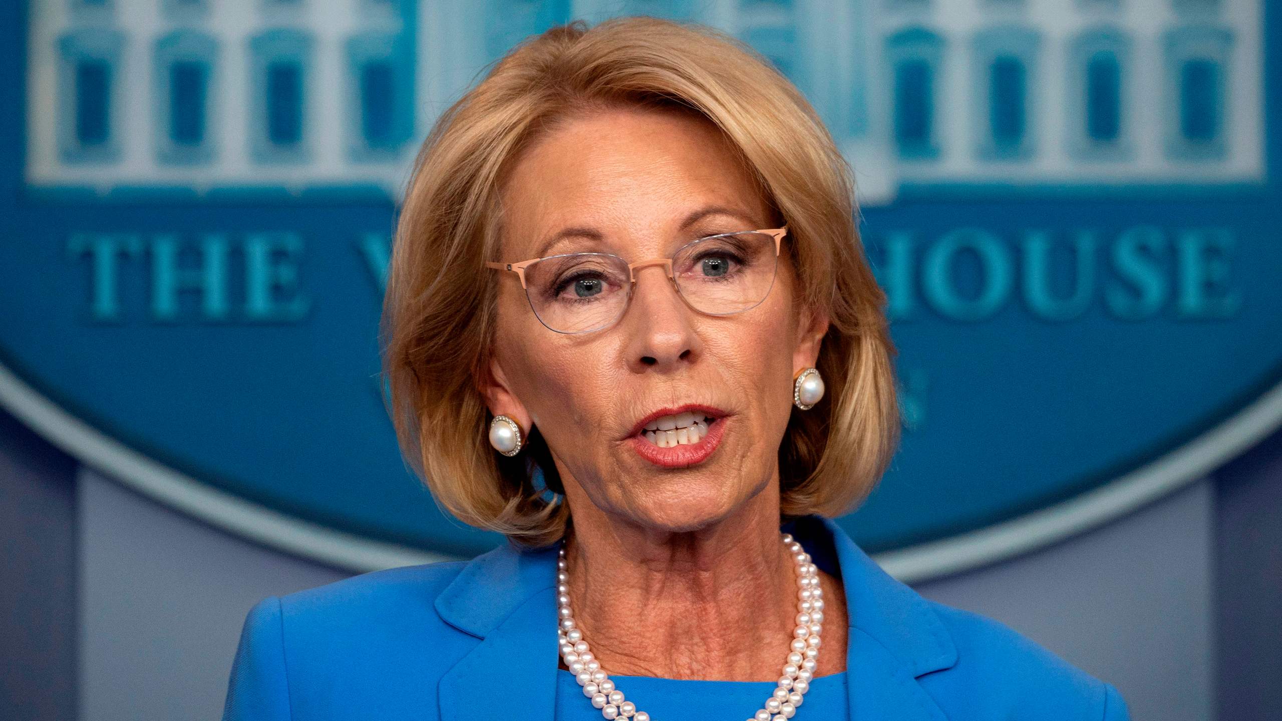 U.S. Secretary of Education Betsy Devos speaks during the daily briefing on the novel coronavirus at the White House on March 27, 2020, in Washington, DC. (JIM WATSON/AFP via Getty Images)