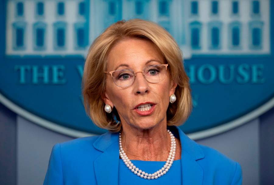 U.S. Secretary of Education Betsy Devos speaks during the daily briefing on the novel coronavirus at the White House on March 27, 2020, in Washington, DC. (JIM WATSON/AFP via Getty Images)