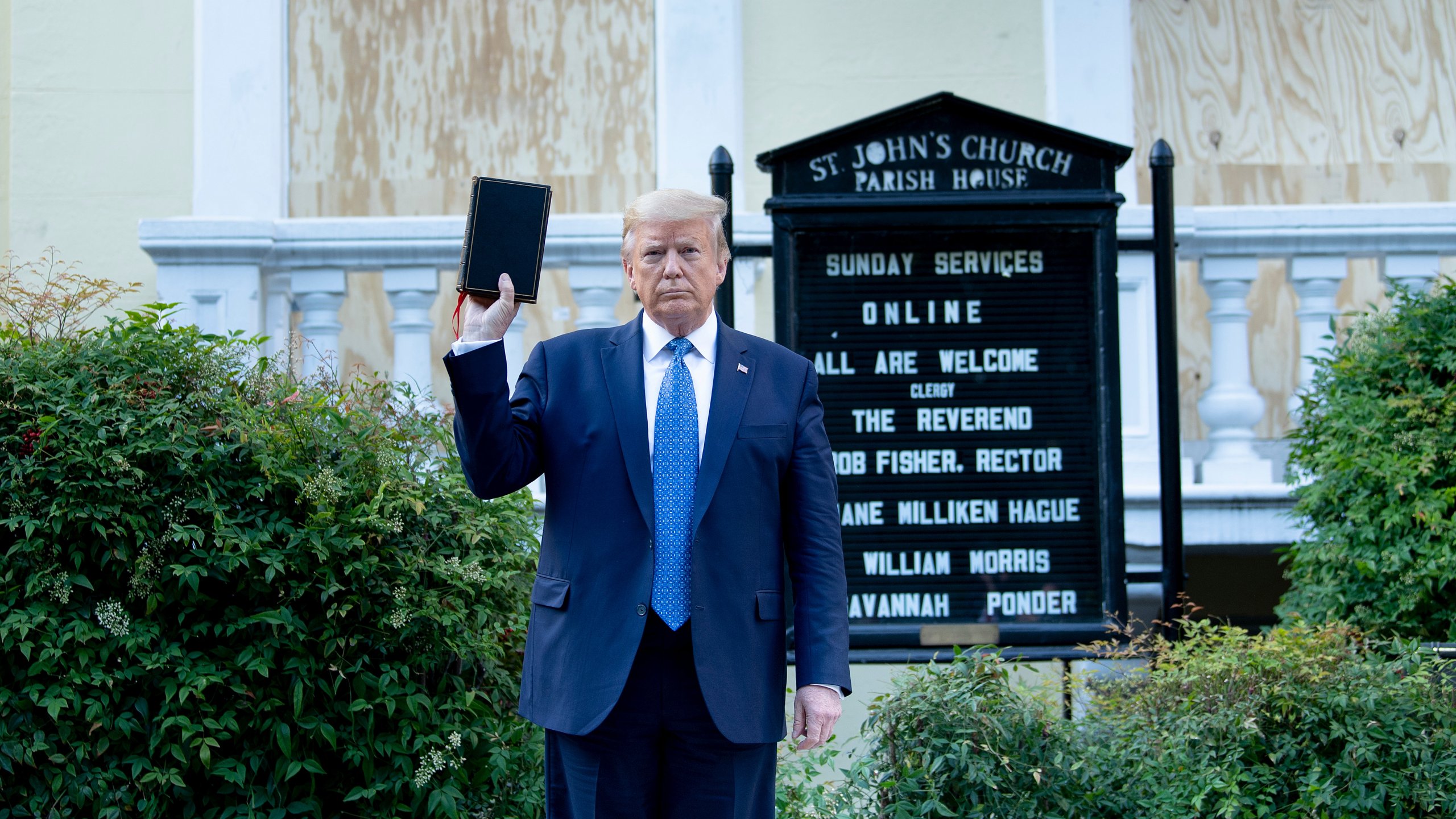 President Donald Trump holds a Bible while visiting St. John's Church across from the White House after the area was cleared of people protesting the death of George Floyd June 1, 2020, in Washington, D.C.(BRENDAN SMIALOWSKI/AFP via Getty Images)