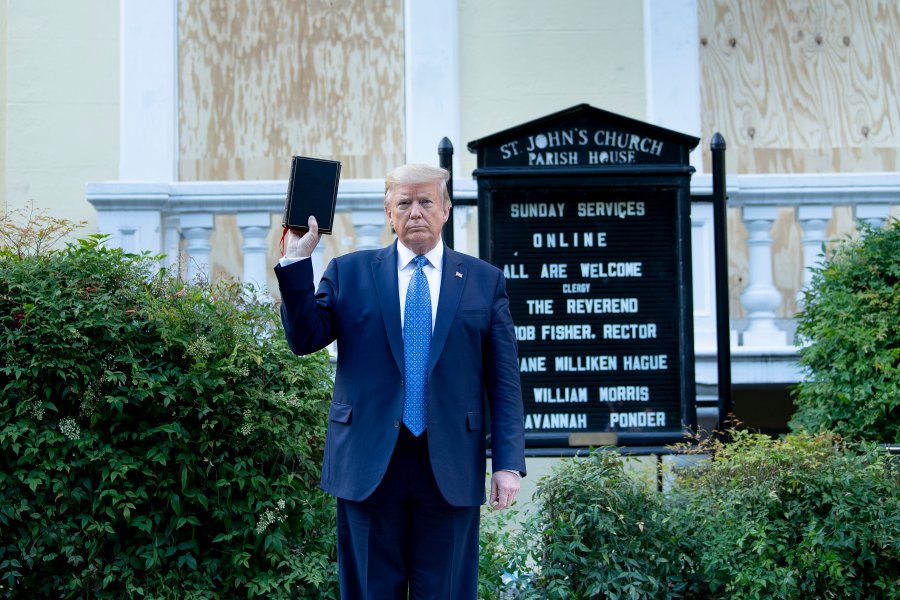 President Donald Trump holds a Bible while visiting St. John's Church across from the White House after the area was cleared of people protesting the death of George Floyd June 1, 2020, in Washington, D.C.(BRENDAN SMIALOWSKI/AFP via Getty Images)