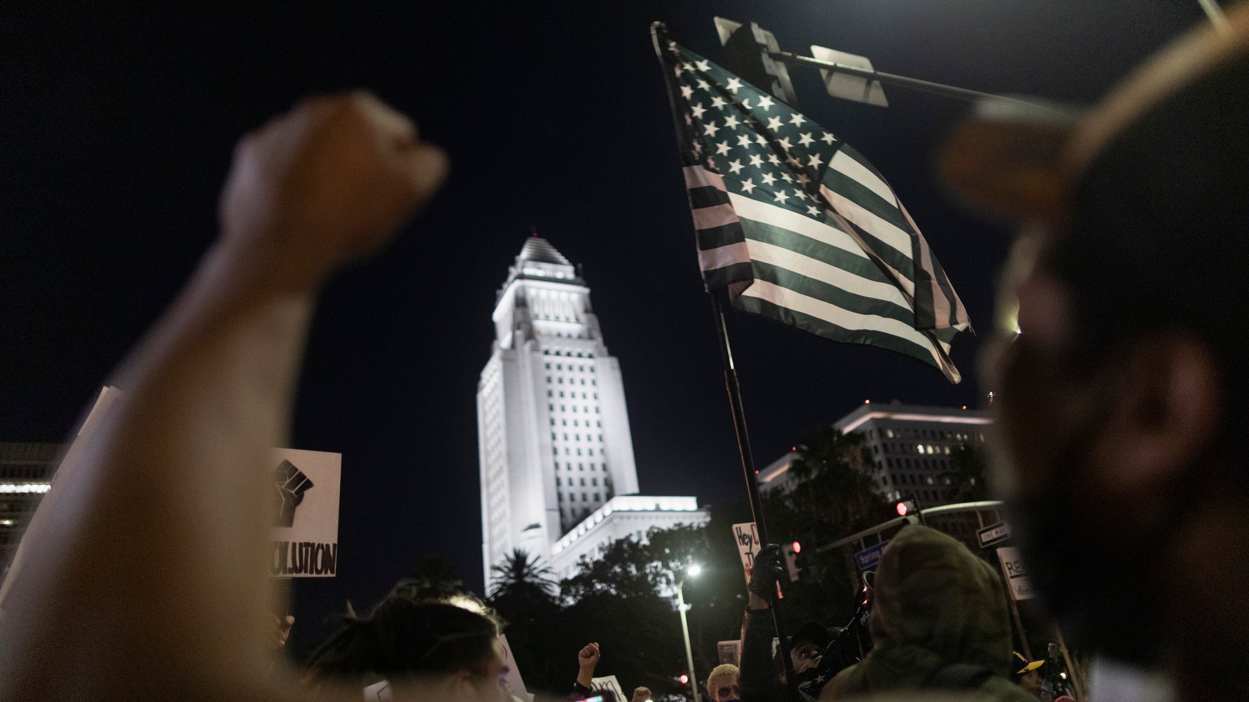 Racial justice protesters rally near Los Angeles City Hall on June 6, 2020. (David McNew / Getty Images)